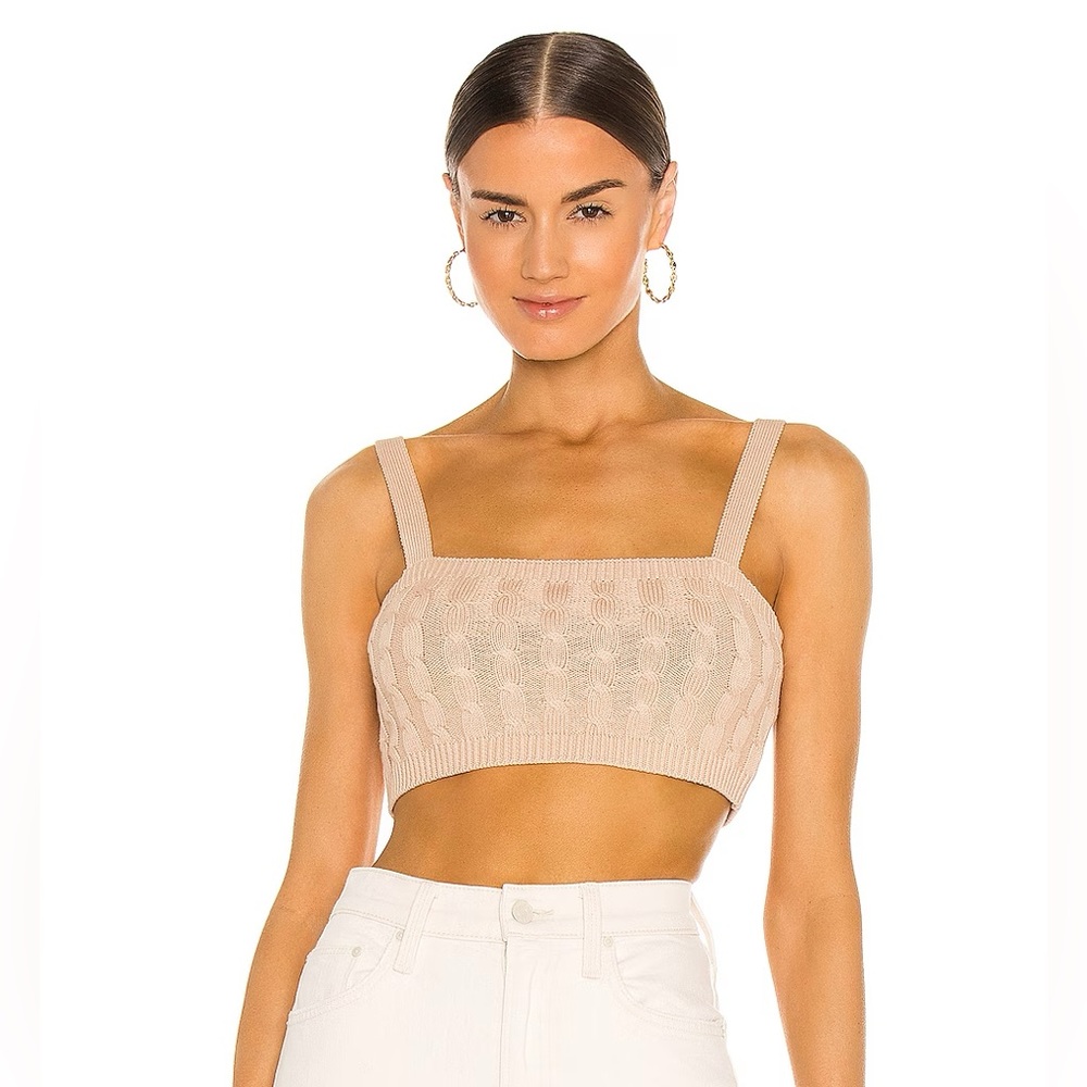 525 America Revolve Cable Knit Tiny Tank Cropped Top in Oat Tan Size Large